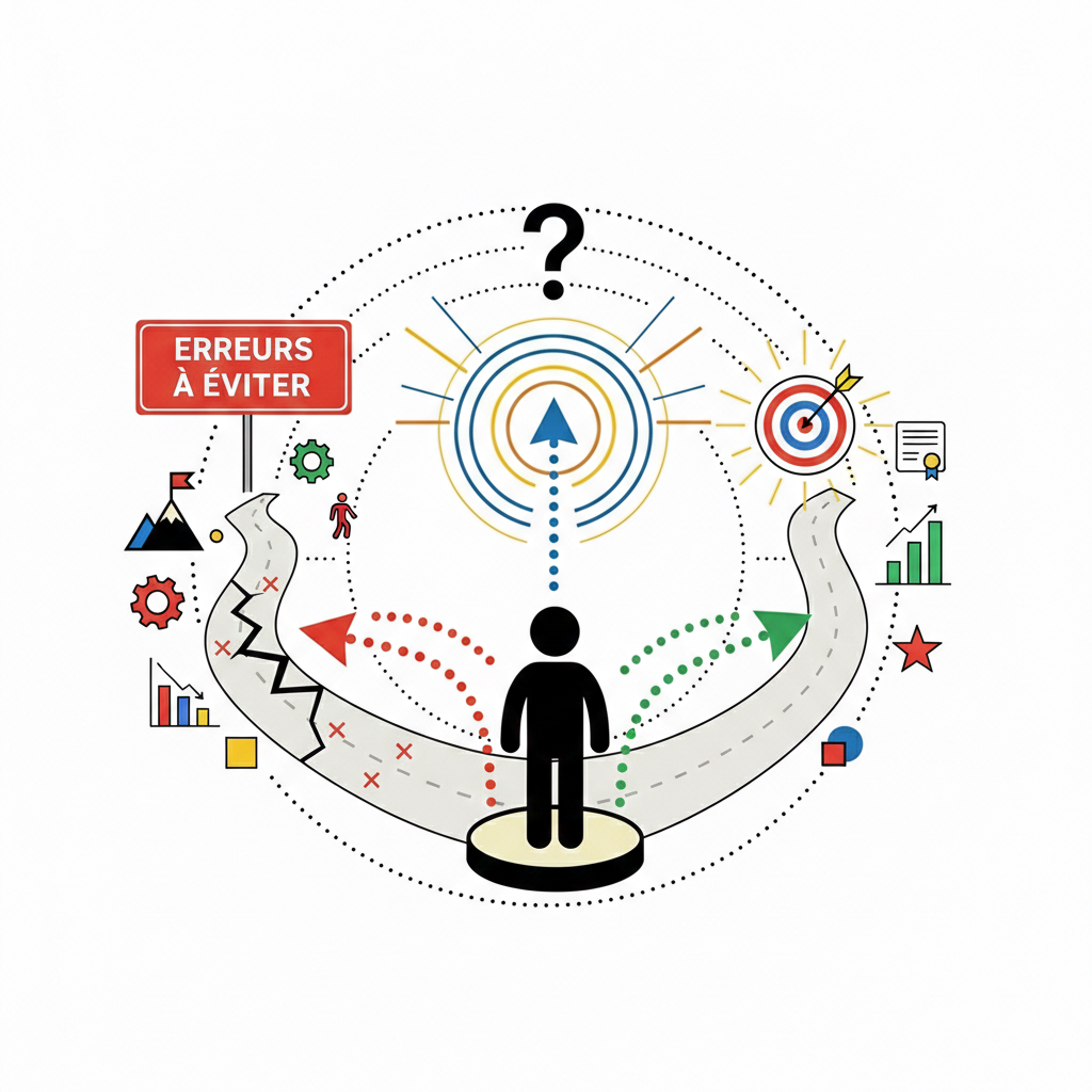 Illustration sur les erreurs à éviter lors d'une reconversion professionnelle, montrant un chemin semé d'embûches à gauche et une trajectoire vers la réussite à droite.
