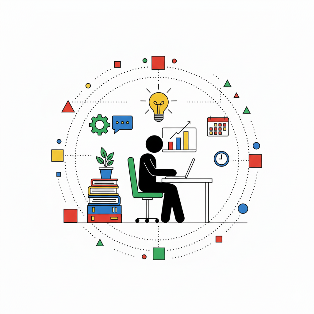 Consultant en bilan de compétences travaillant sur un plan d'action de carrière avec des icônes de productivité, d'idées et de croissance professionnelle.