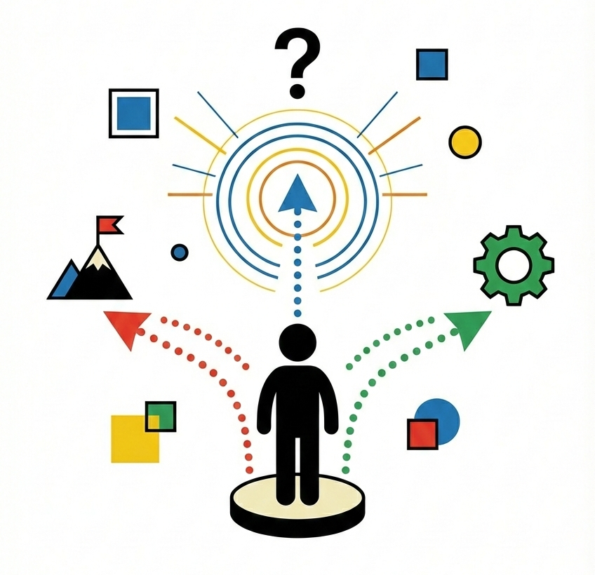 Illustration d'un bilan de compétences montrant une personne face à plusieurs choix de carrière, symbolisés par des flèches directionnelles, une cible et des icônes de réussite professionnelle.