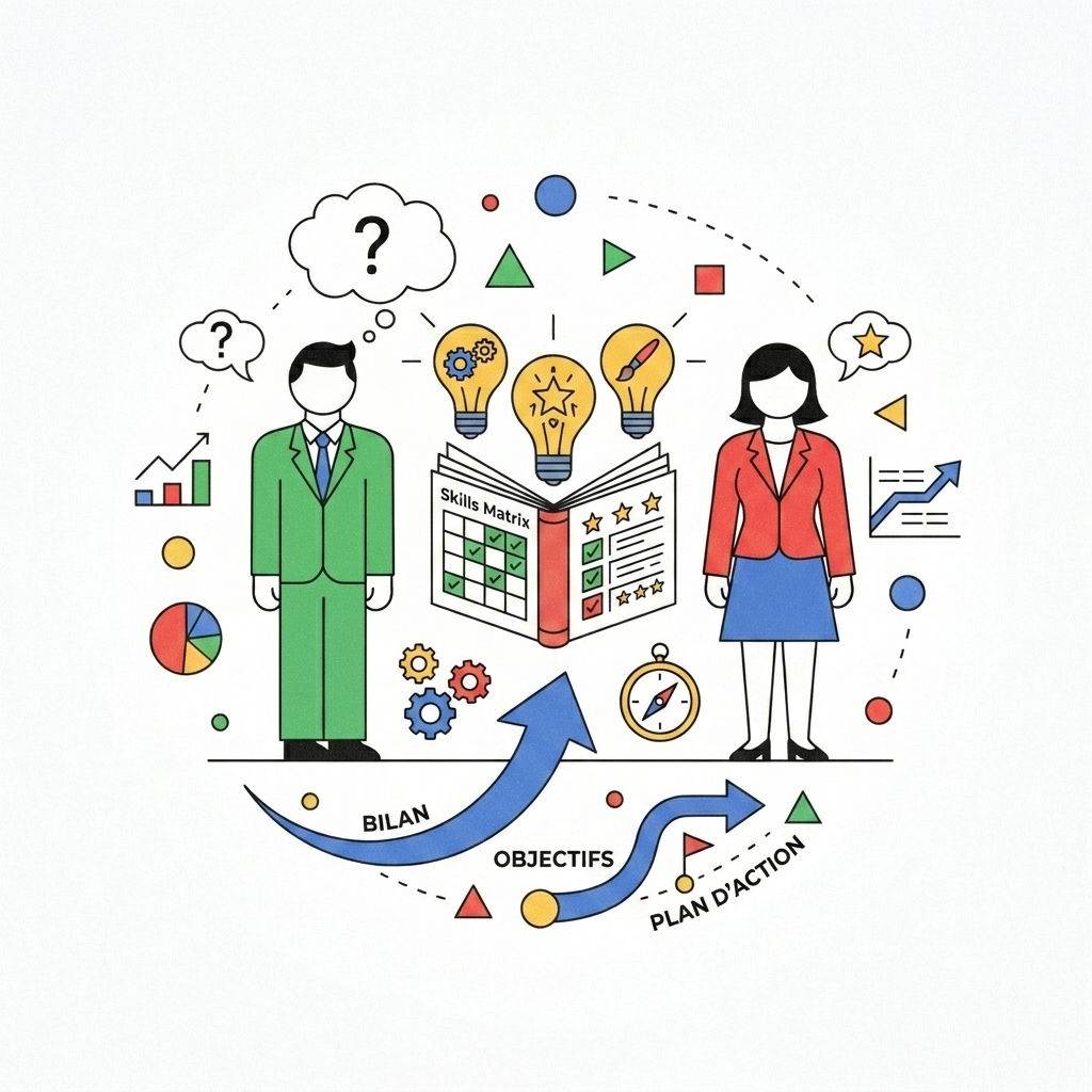 illustration d'employés en entreprise qui se questionne sur leur carrière leurs objectifs et plan d'action